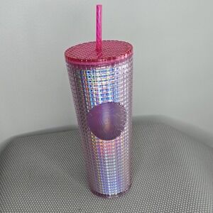 Starbucks 2023 Grid Bubblegum Gradient Pink Silver Iridescent‎ Tumbler Cup 24 oz